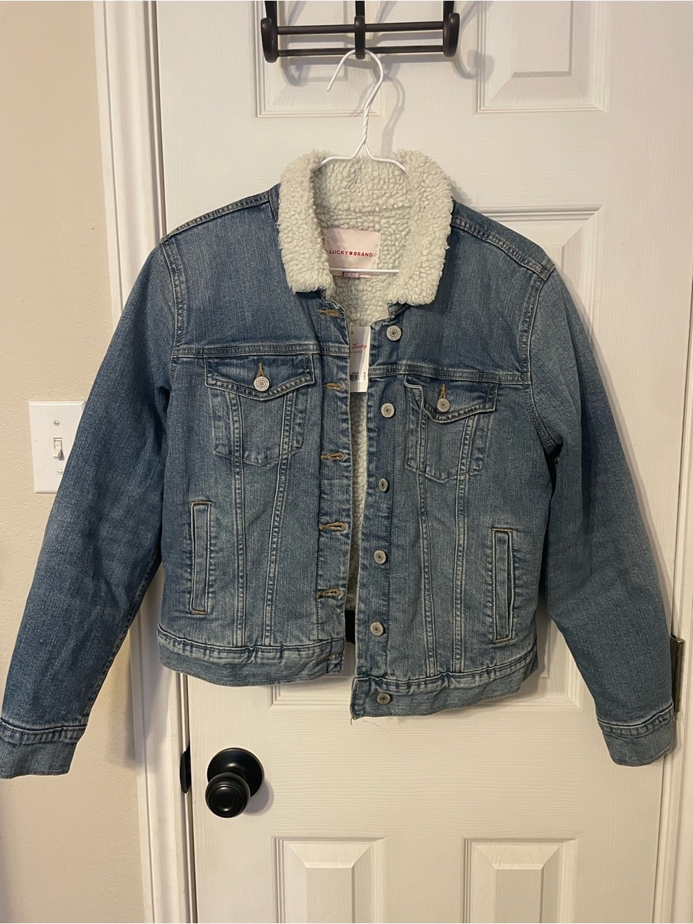 Lucky Brand Light Blue Denim Sherpa-Trim Bomber Jacket